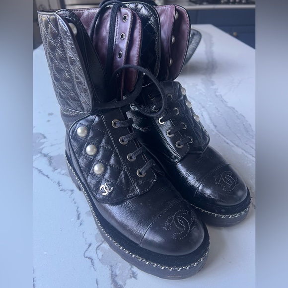 CHANEL Black Combat & Moto Boots with Pearl Accents - Picture 1 of 7